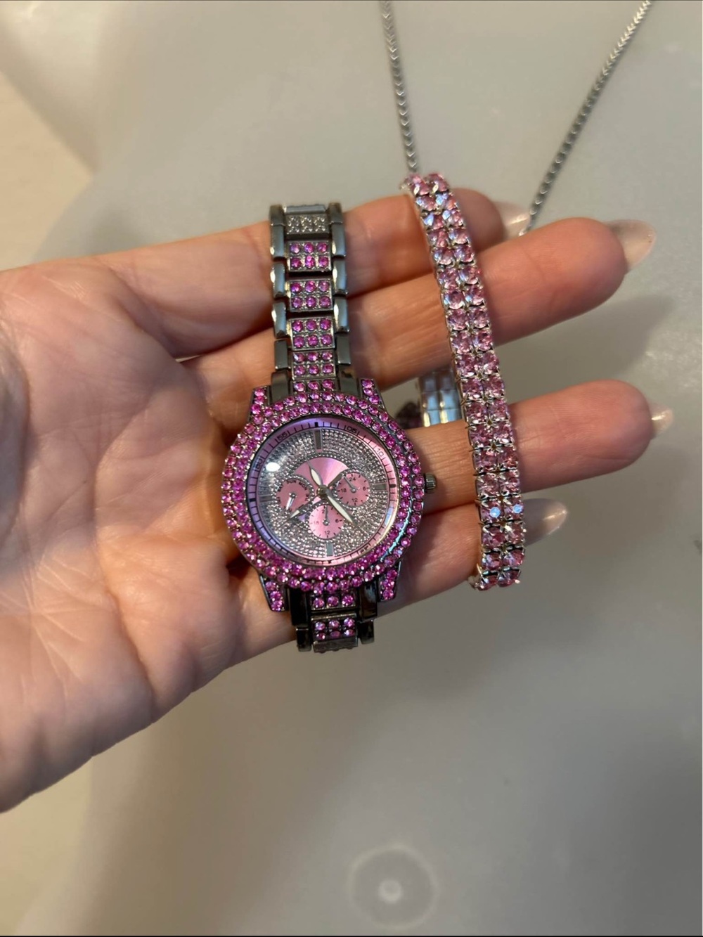 Purple Crystal Watch, Bracelet & Cross Necklace Set - Picture 2 of 2